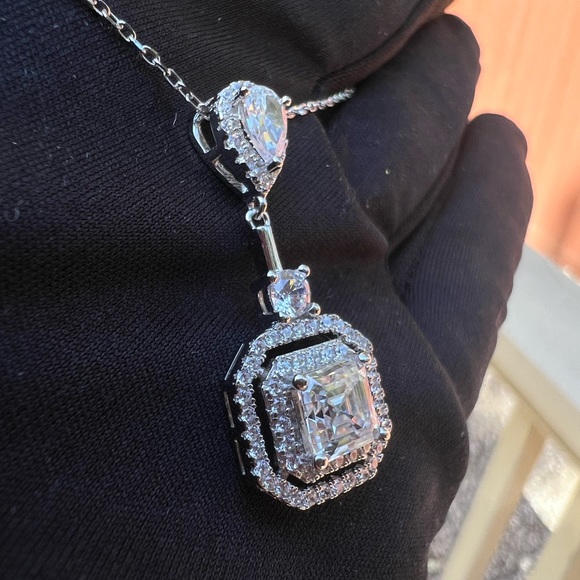 New Moissanite Asscher Cut Necklace 1.2CT, 18K White Gold Plated Sterling Silver - Picture 7 of 17